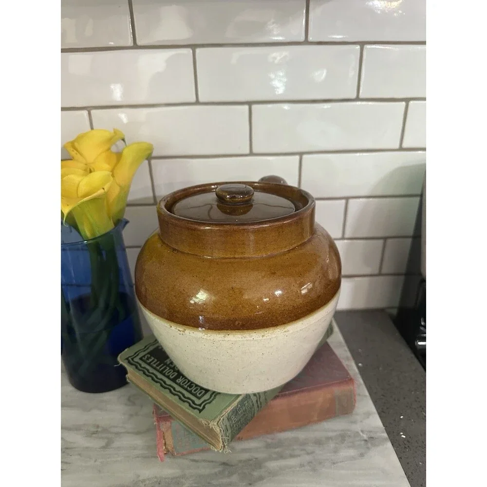 Vintage Antique Stoneware 2 Tone Brown One Handle Crock Bean Pot Americana